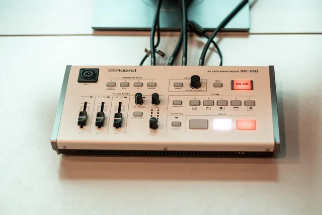control panel, streaming mixer, device, console, digital, technology, roland vr-1hd. Build a livestream content calendar from a sponsor deal